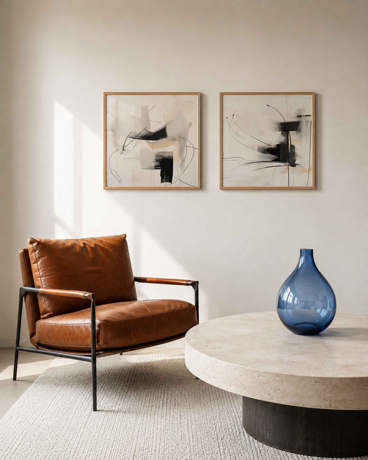 Interieurpresentatie van een tweedelige vierkante posterset met zwart beige vlakken