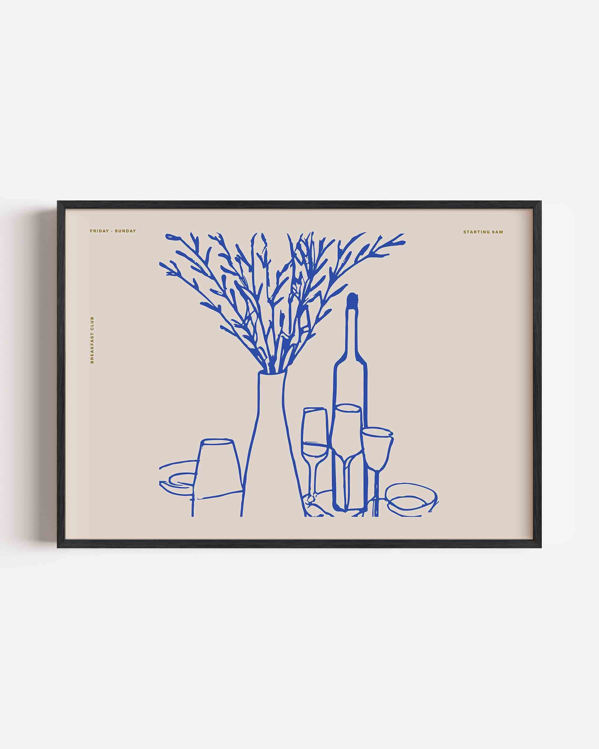 Blauwe fles en glazen Poster