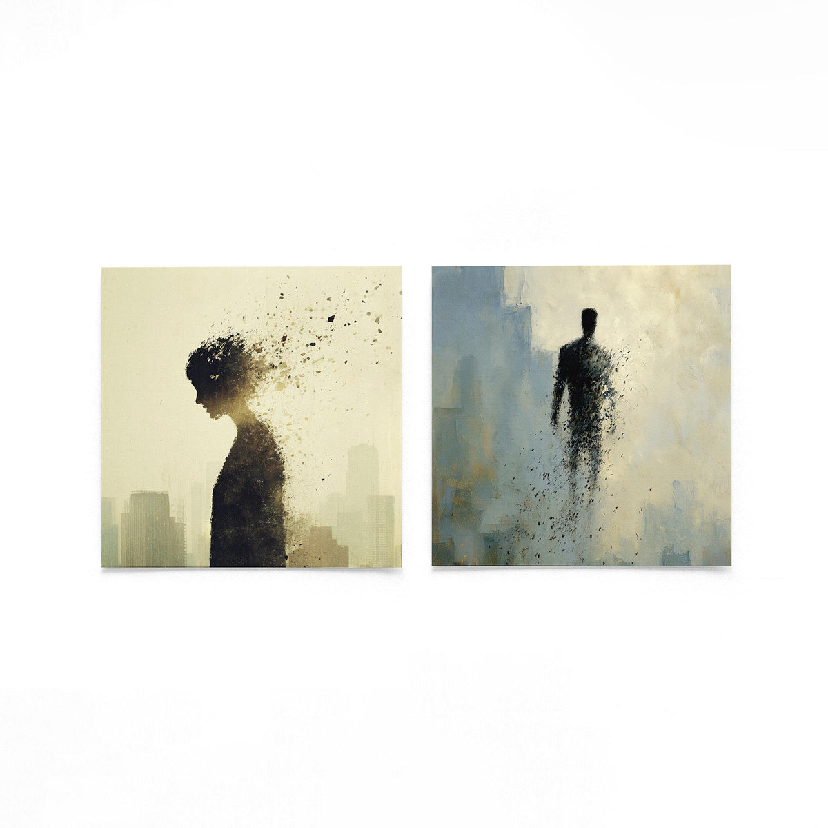 Twee vierkante posters met silhouetten in beweging op een gebroken witte achtergrond