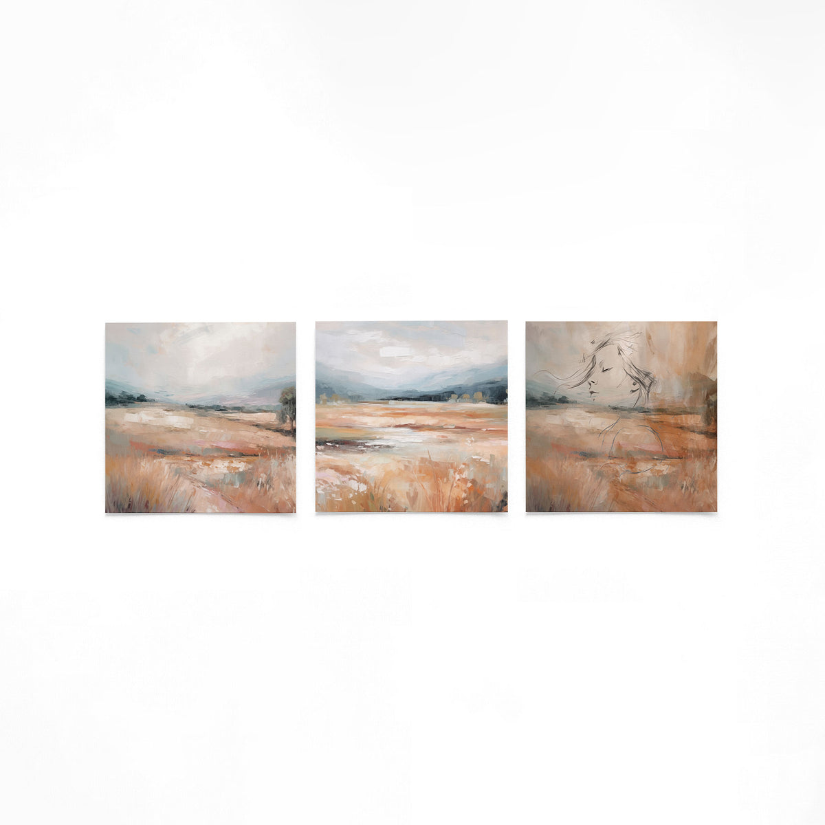 Drie vierkante posters met abstract landschap en portret op een gebroken witte achtergrond