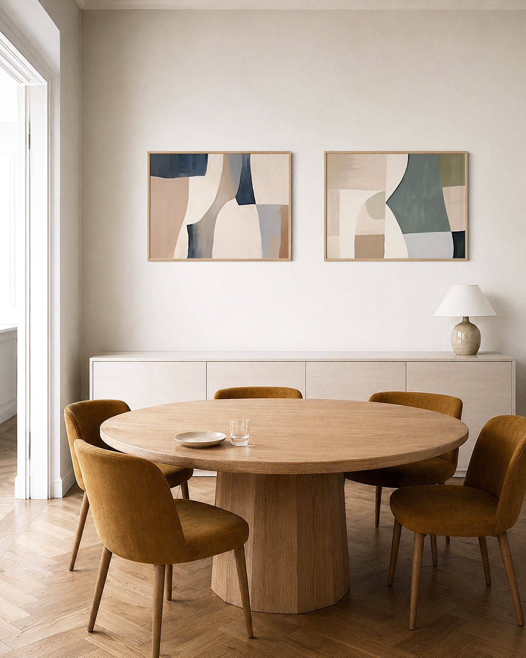Interieurpresentatie van twee posters met zachte, vloeiende vormen in beige, wit en blauwgrijs