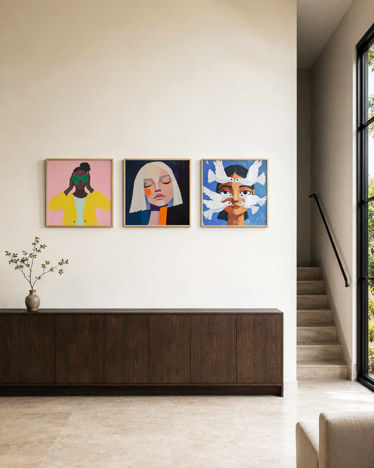 Interieurpresentatie van een driedelige vierkante posterset met vrouwengezichten porterset