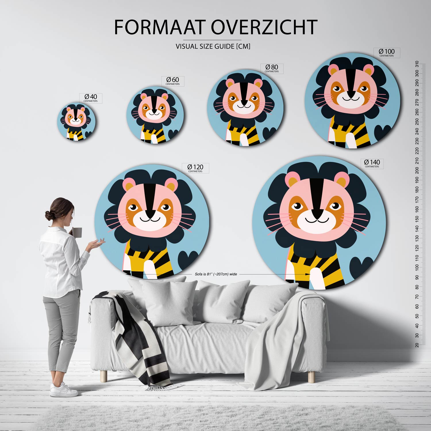 Leeuw met blauwe achtergrond Muurcirkel