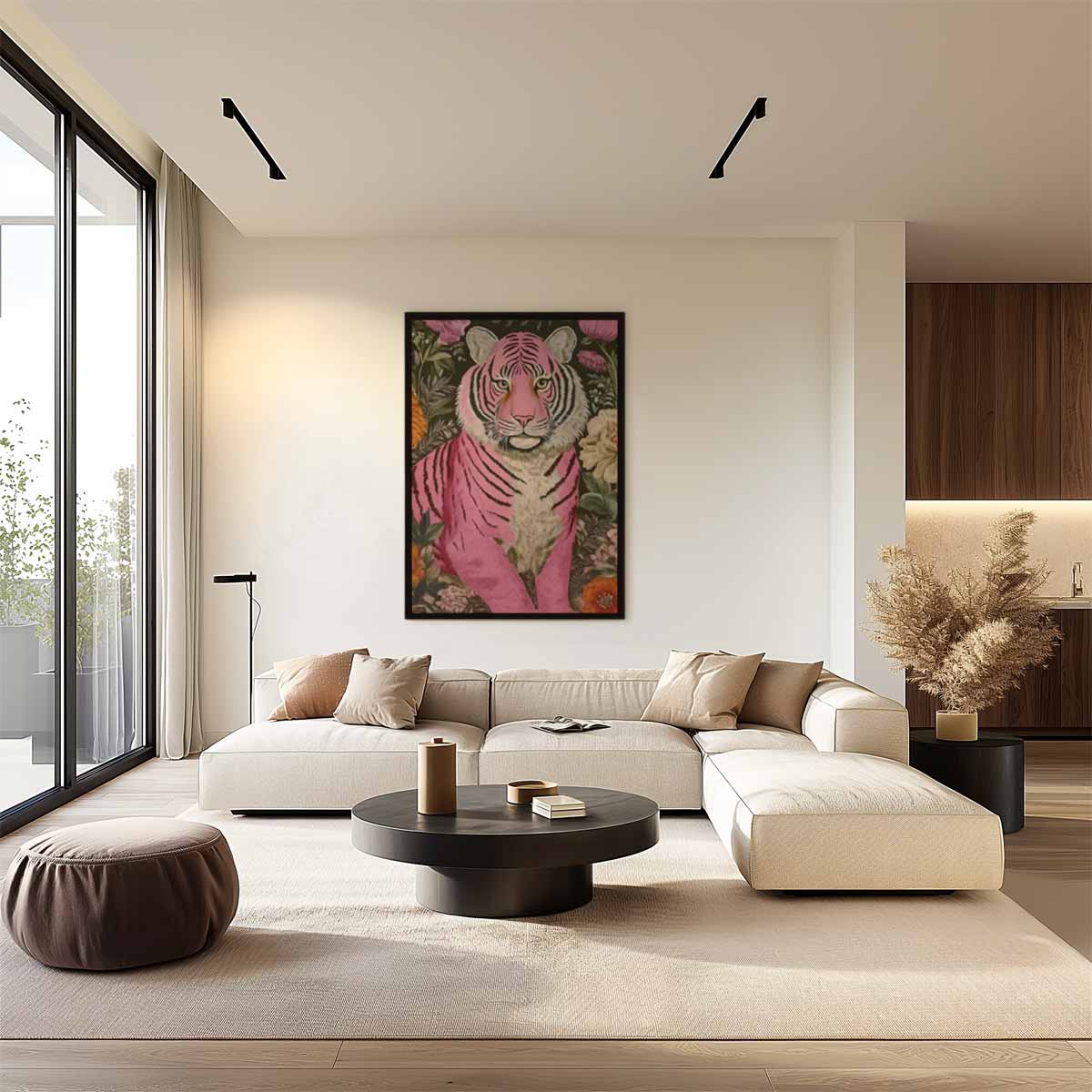 Kleurrijke Tijger in Bloementuin Kunstwerk-canvas-dibond-plexiglas-wanddecoratie-WallArtistic