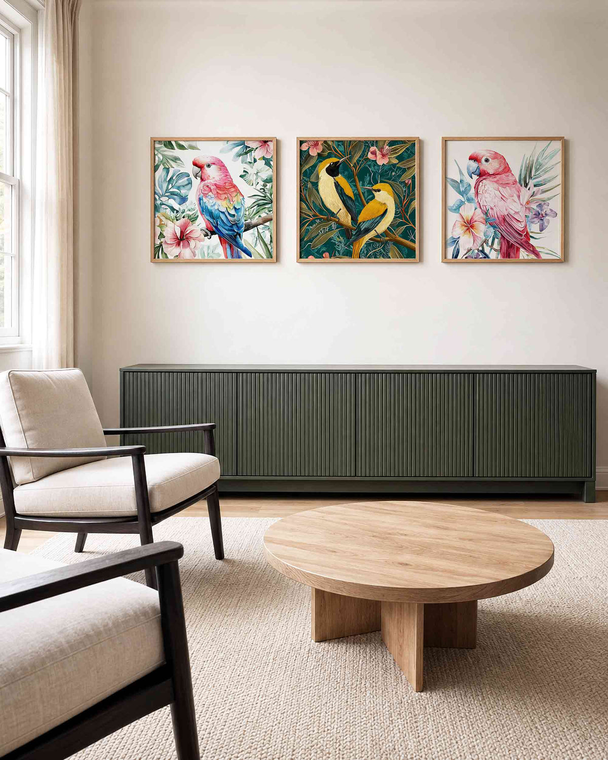 Interieurpresentatie van een driedelige vierkante posterset met tropische vogels