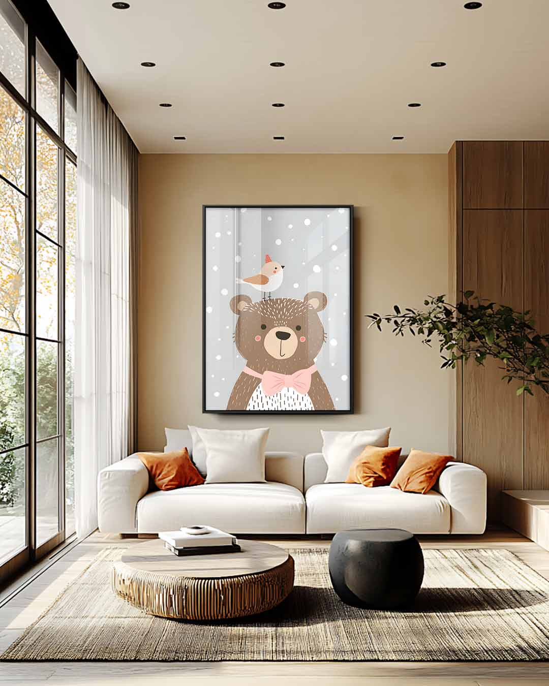 Vrolijke Beer en Vogel Winterillustratie Kunstwerk-canvas-dibond-plexiglas-wanddecoratie-WallArtistic