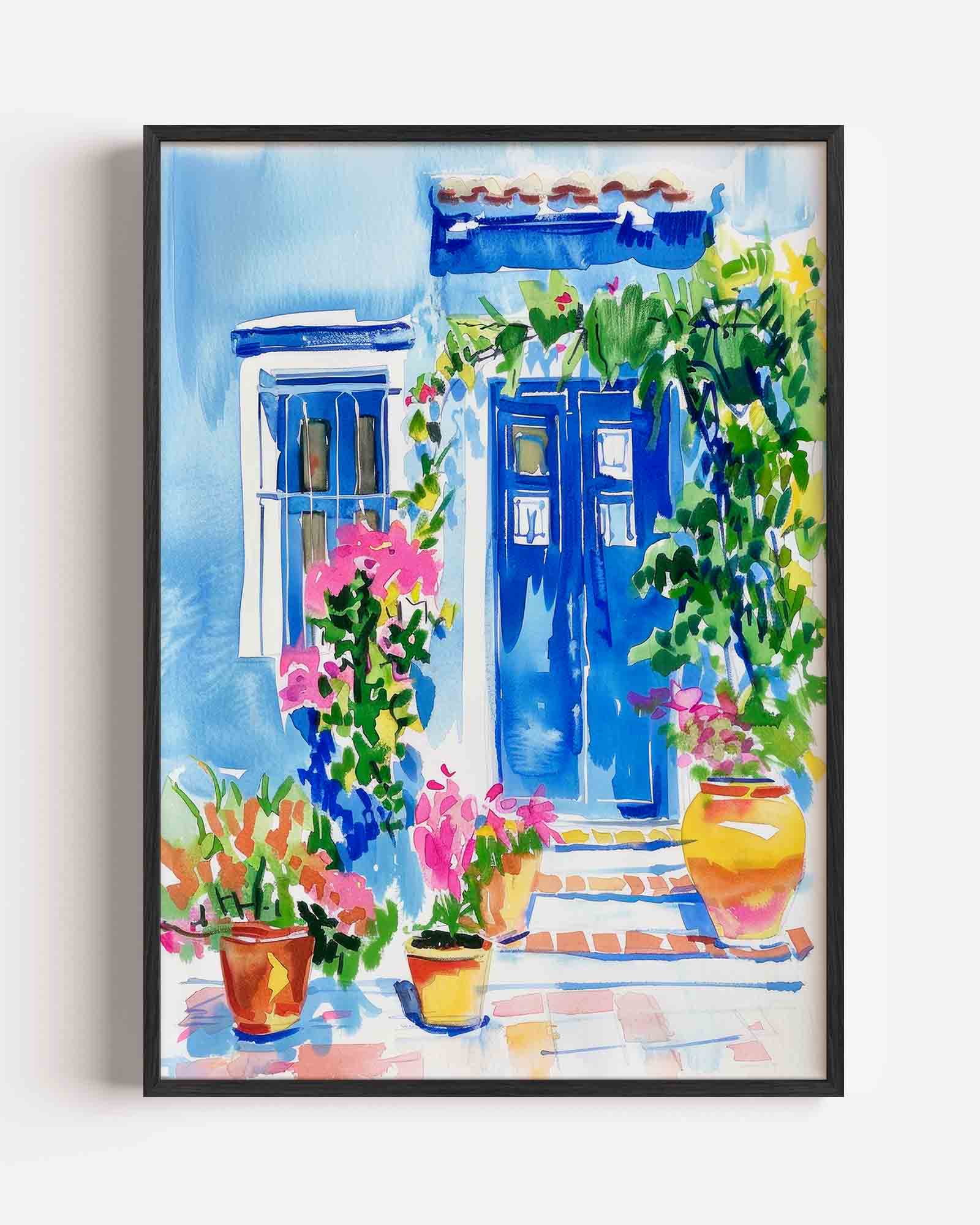 Blauwe deur en bloemen Poster