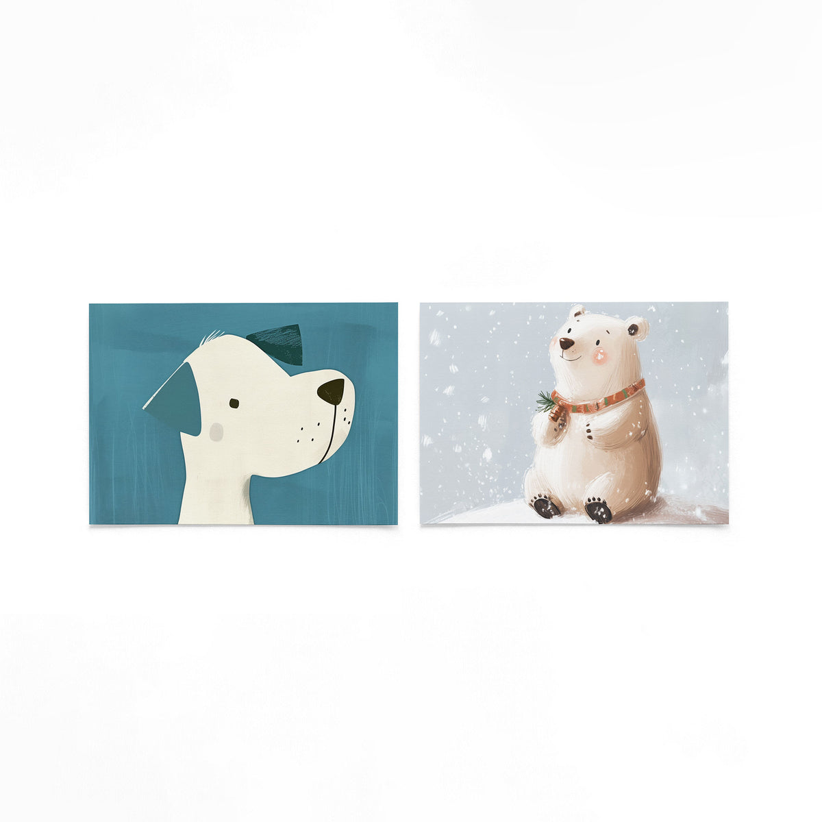 Twee liggende posters met een speelse compositie met een hond in profiel op een gebroken witte achtergrond