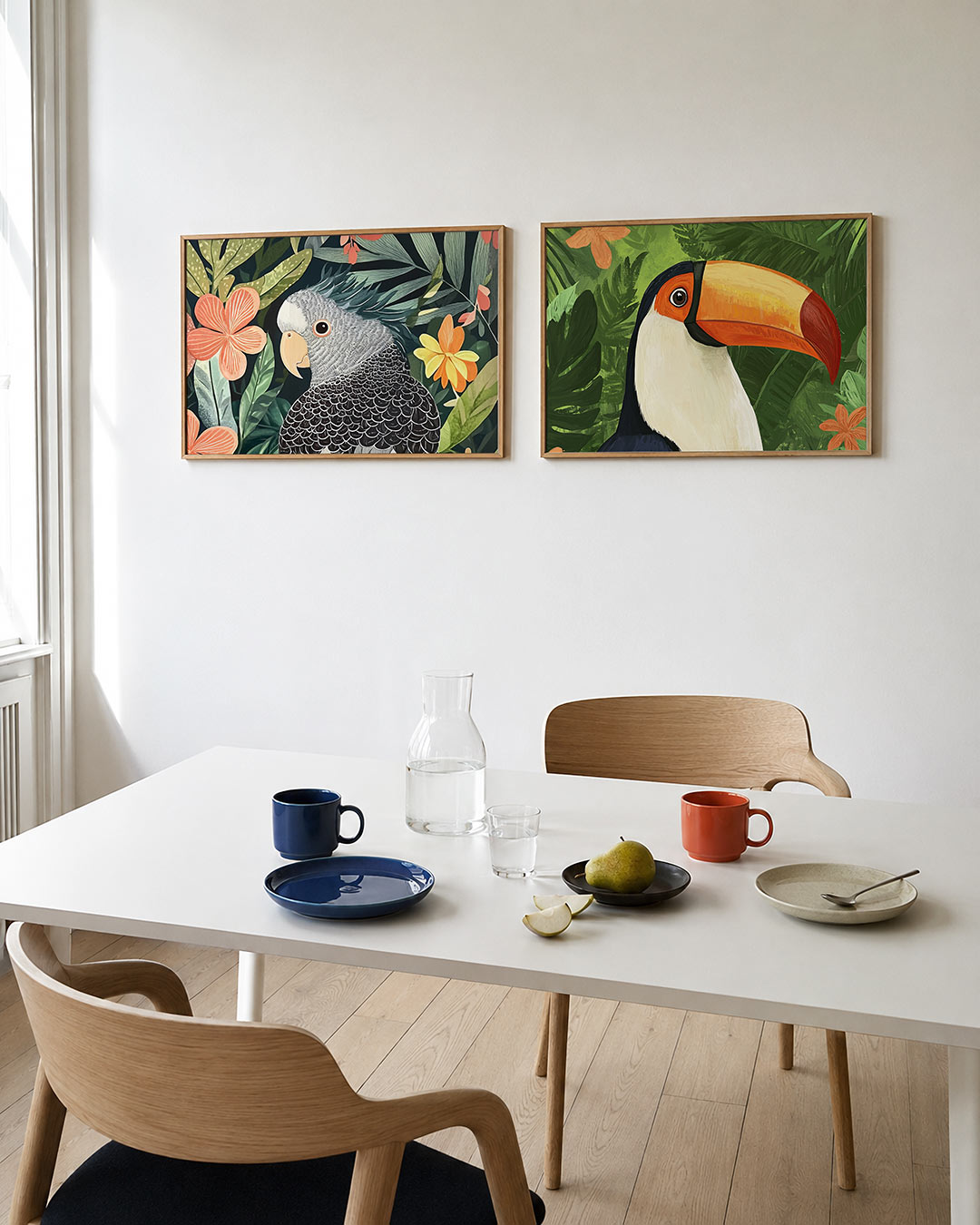 Tweedelige posterset met een kleurrijke vogel omringd door levendige bloemen en bladeren, getoond in een interieur