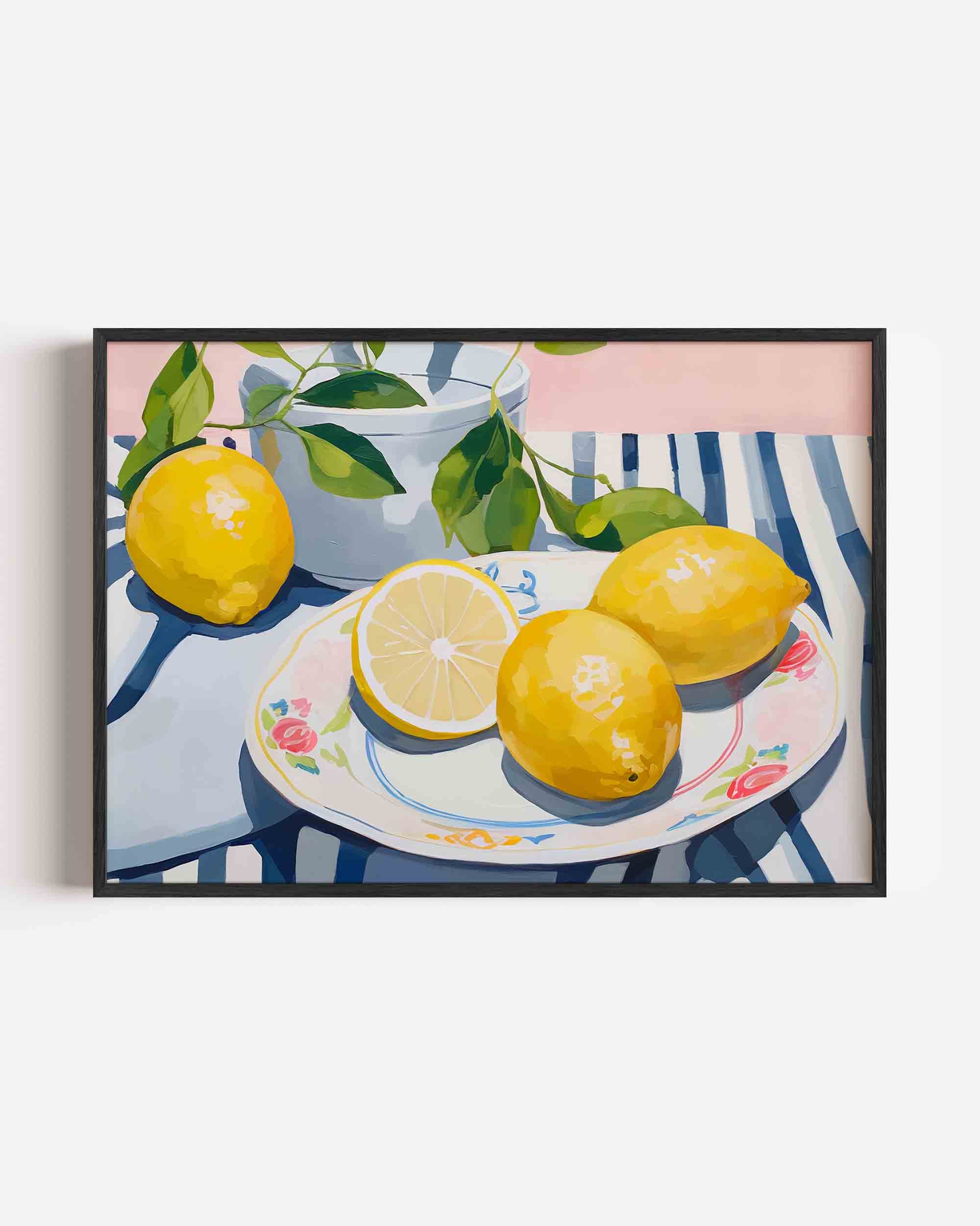 Citroenen op gestreepte tafel Poster