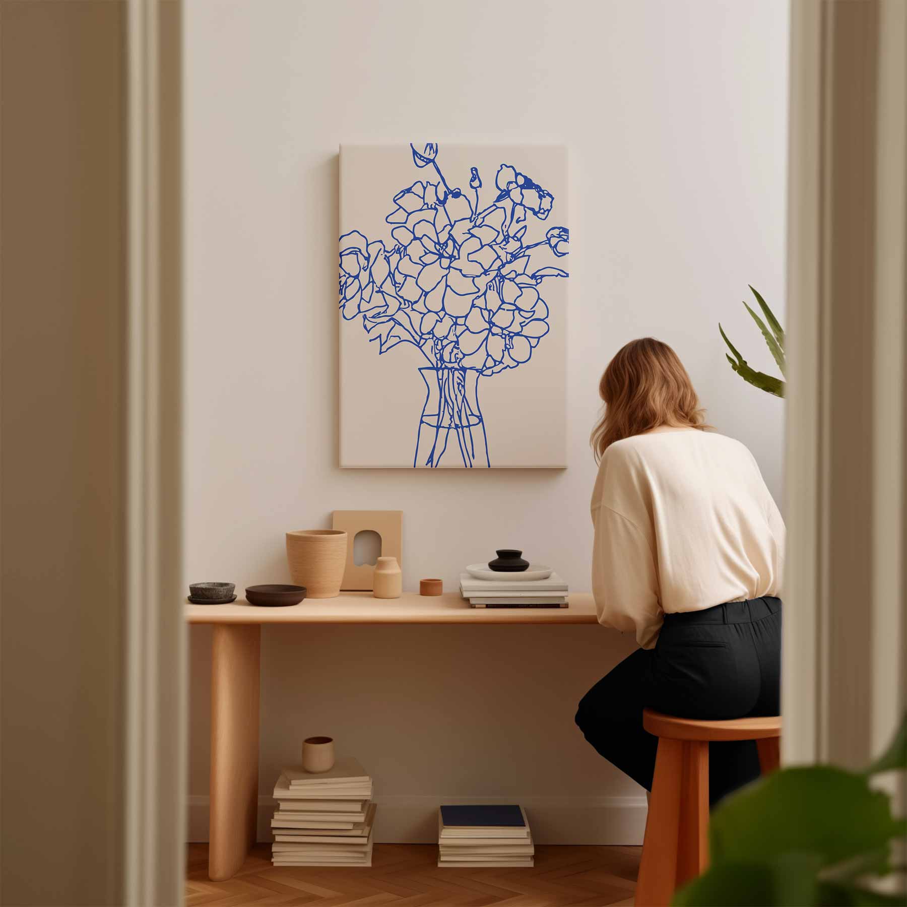 Elegante Blauwe Bloemenlijn Kunstwerk-canvas-dibond-plexiglas-wanddecoratie-WallArtistic