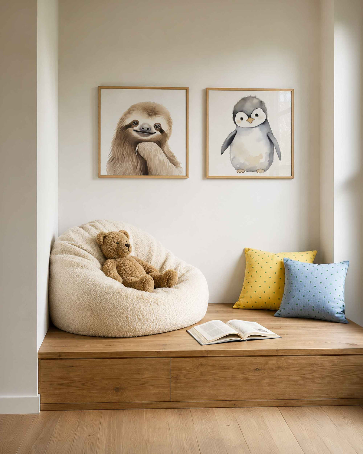 Interieurpresentatie van een tweedelige vierkante posterset met luiaard en pinguïn