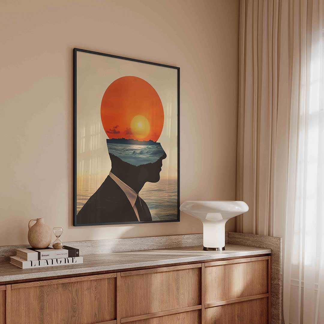 Silhouet met zonsondergang Poster