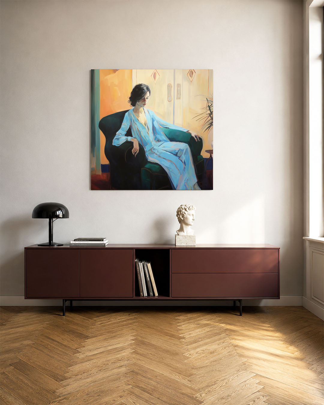 Vrouw in blauwe kamer Kunstwerk
