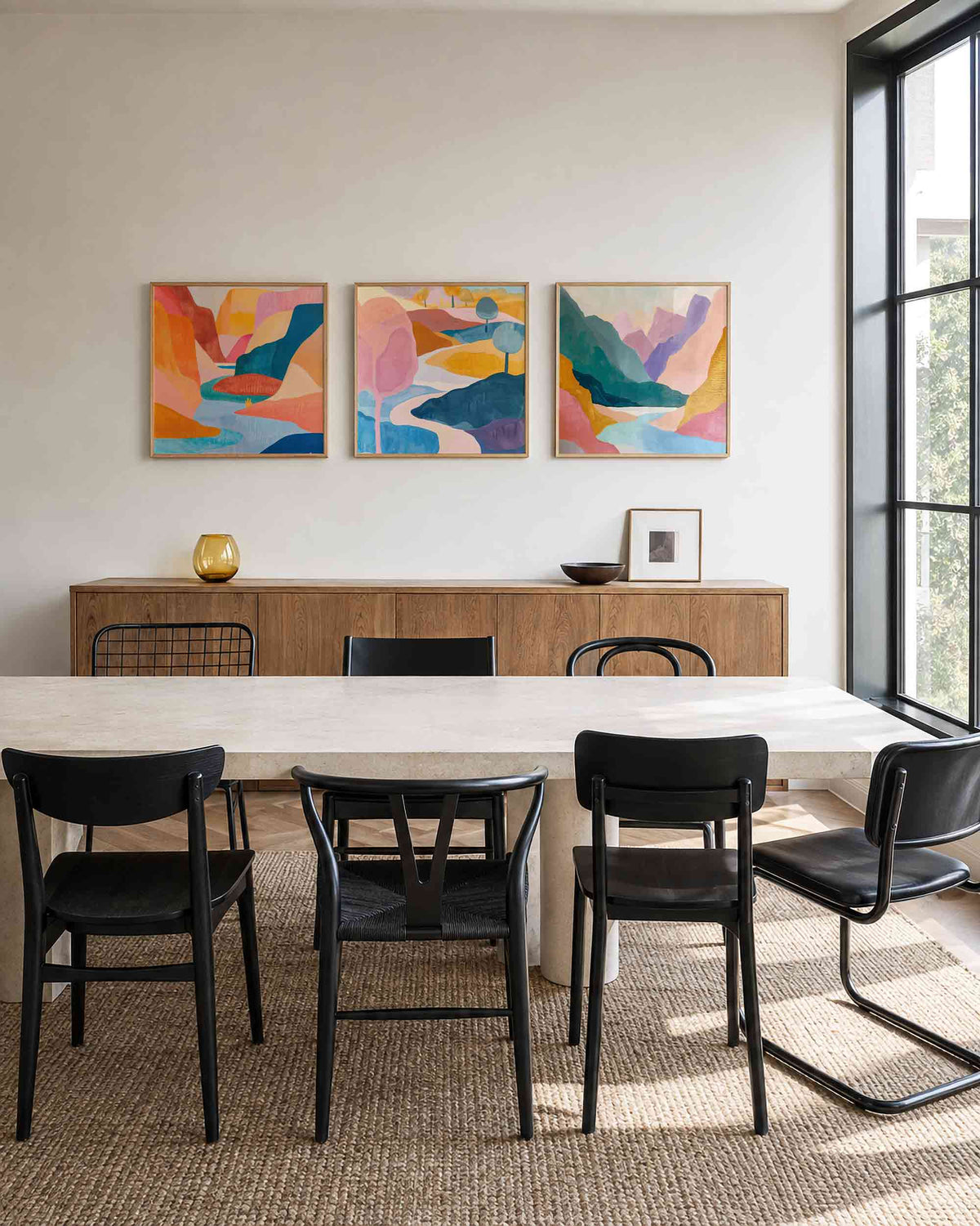 Interieurpresentatie van een driedelige vierkante posterset met kleurrijk abstract landschap