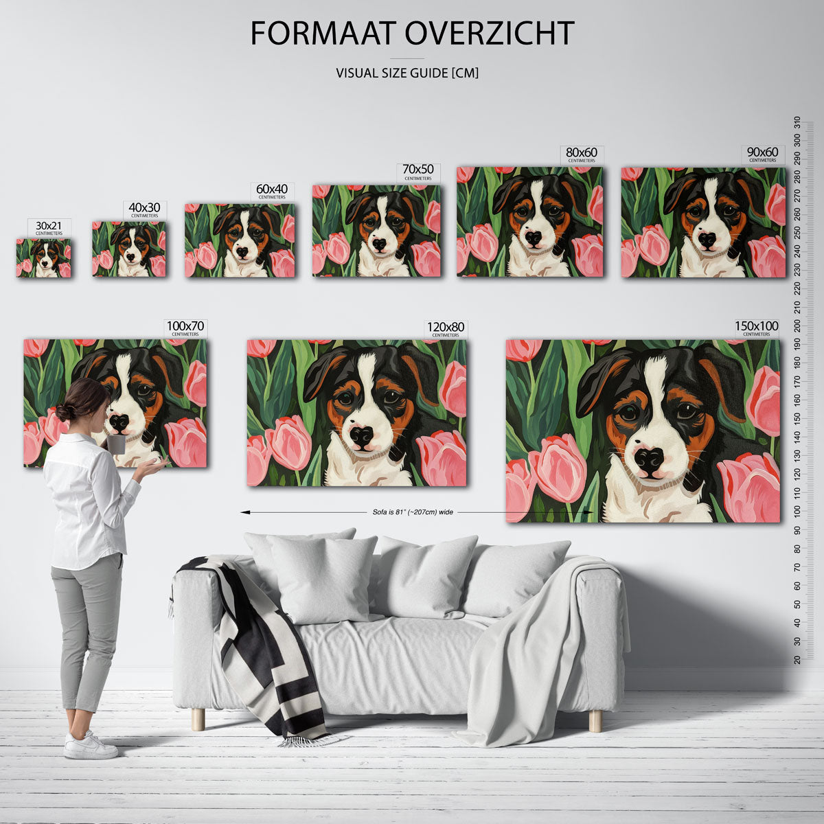 Hond tussen tulpen Poster
