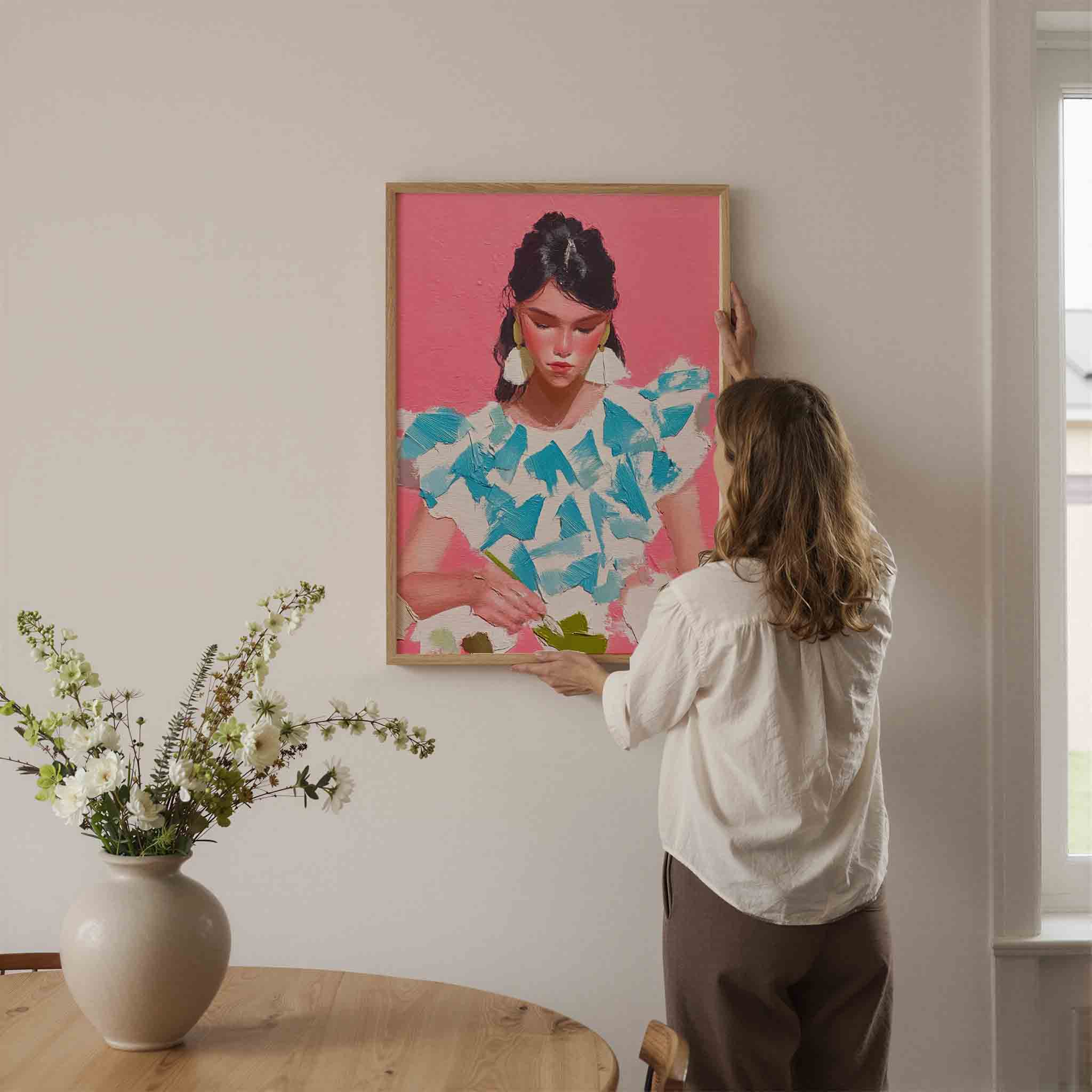 Vrouw met roze achtergrond Poster