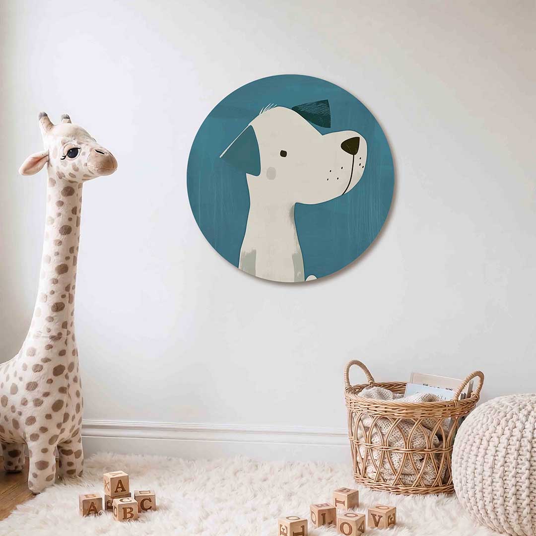Hond met blauwe achtergrond Muurcirkel