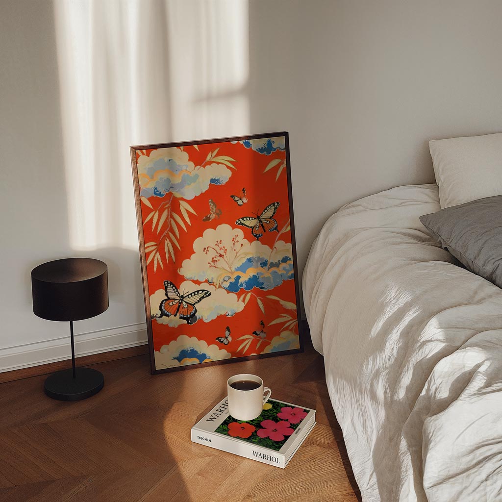 Vlinders en Wolken Op Rode Poster-WallArtistic