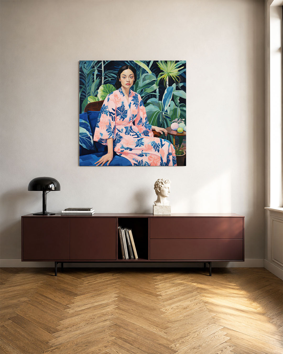 Vrouw in tropische tuin Kunstwerk