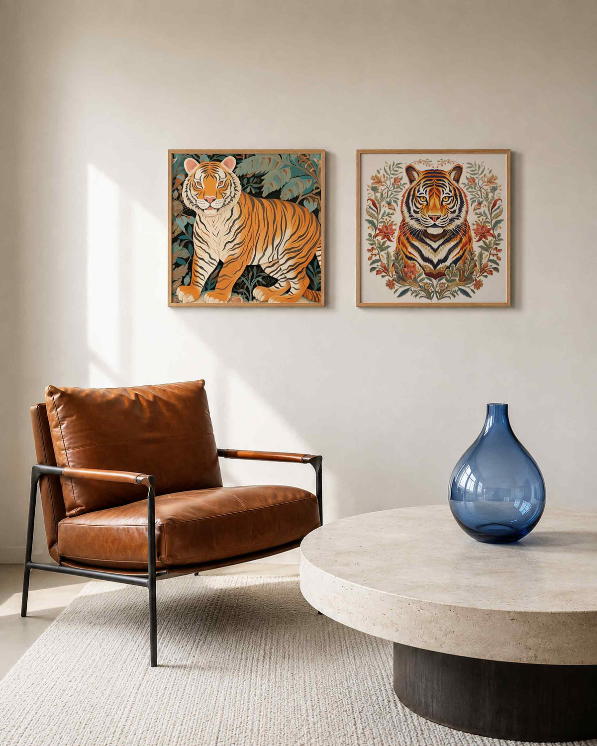 Interieurpresentatie van een tweedelige vierkante posterset met tijgers en bloemen