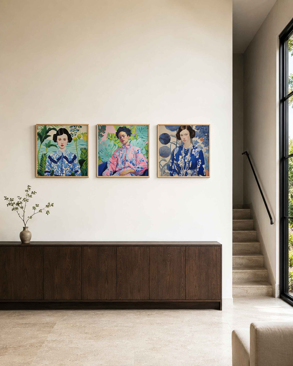 Interieurpresentatie van een driedelige vierkante posterset met vrouwenportretten in blauw