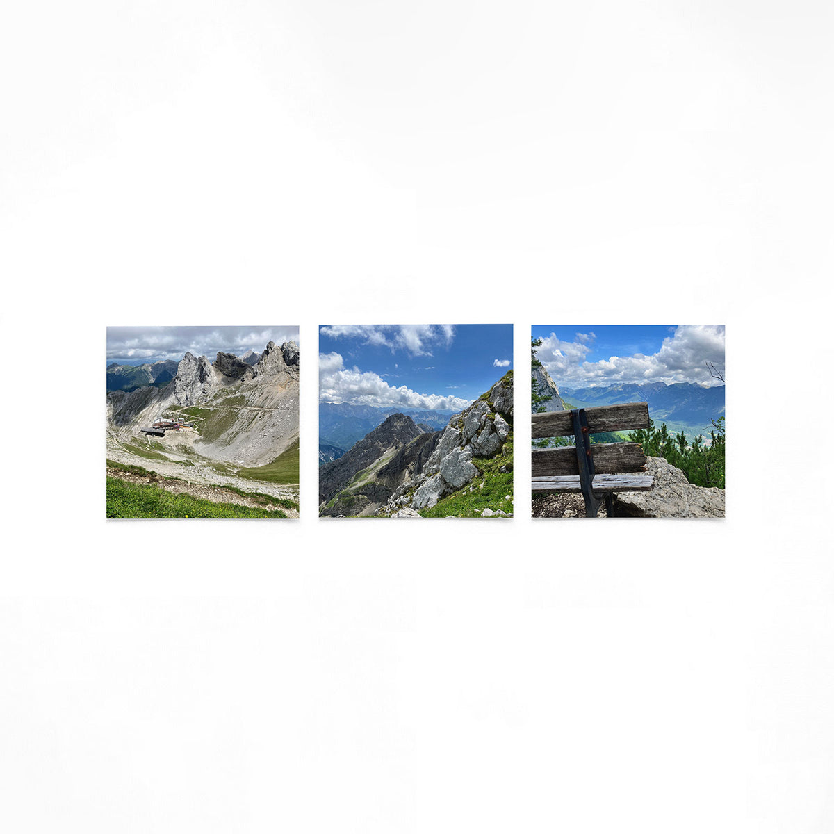 Productfoto van drie vierkante posters met bergtoppen en vergezichten – Gerald Emming