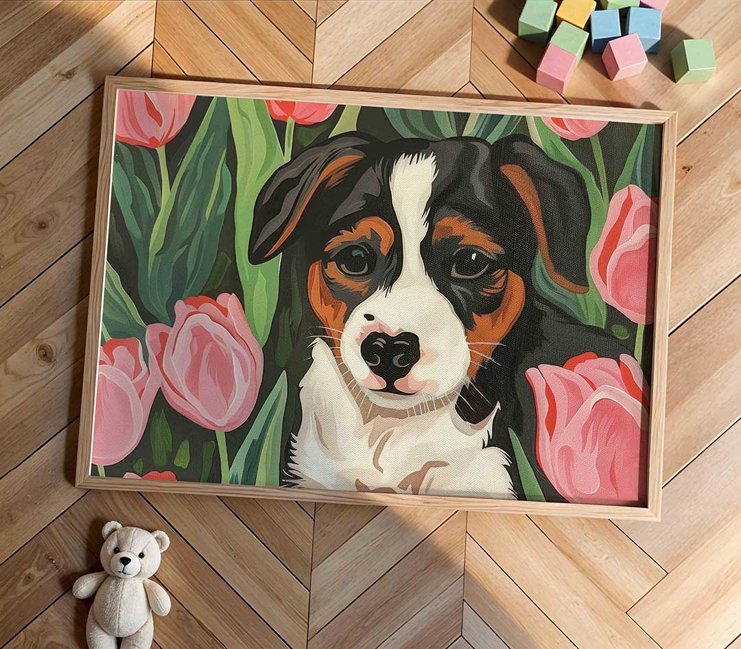 Hond tussen tulpen Poster