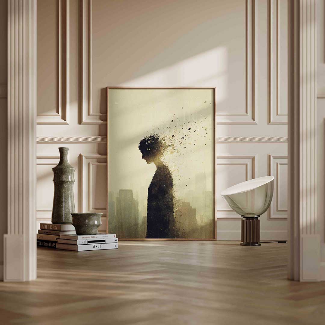 Stadssilhouet met figuur Poster