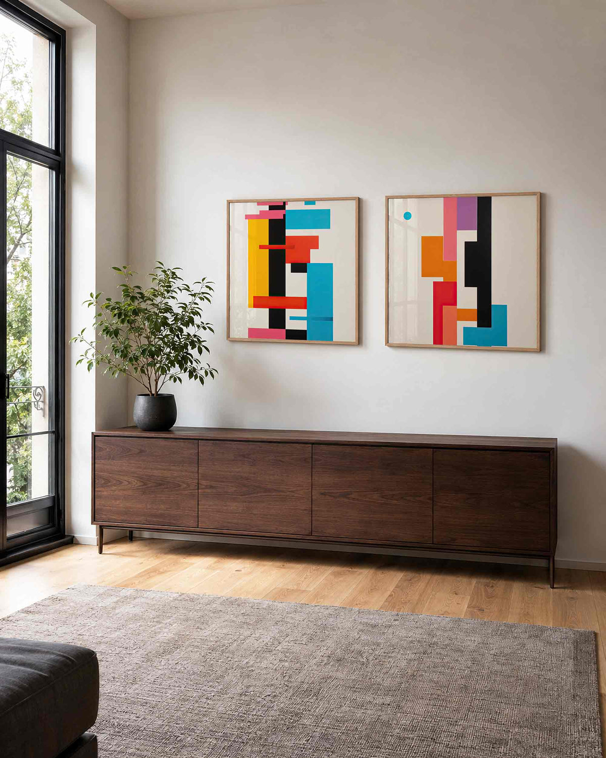 Interieurpresentatie van een tweedelige vierkante posterset met geometrische vlakken