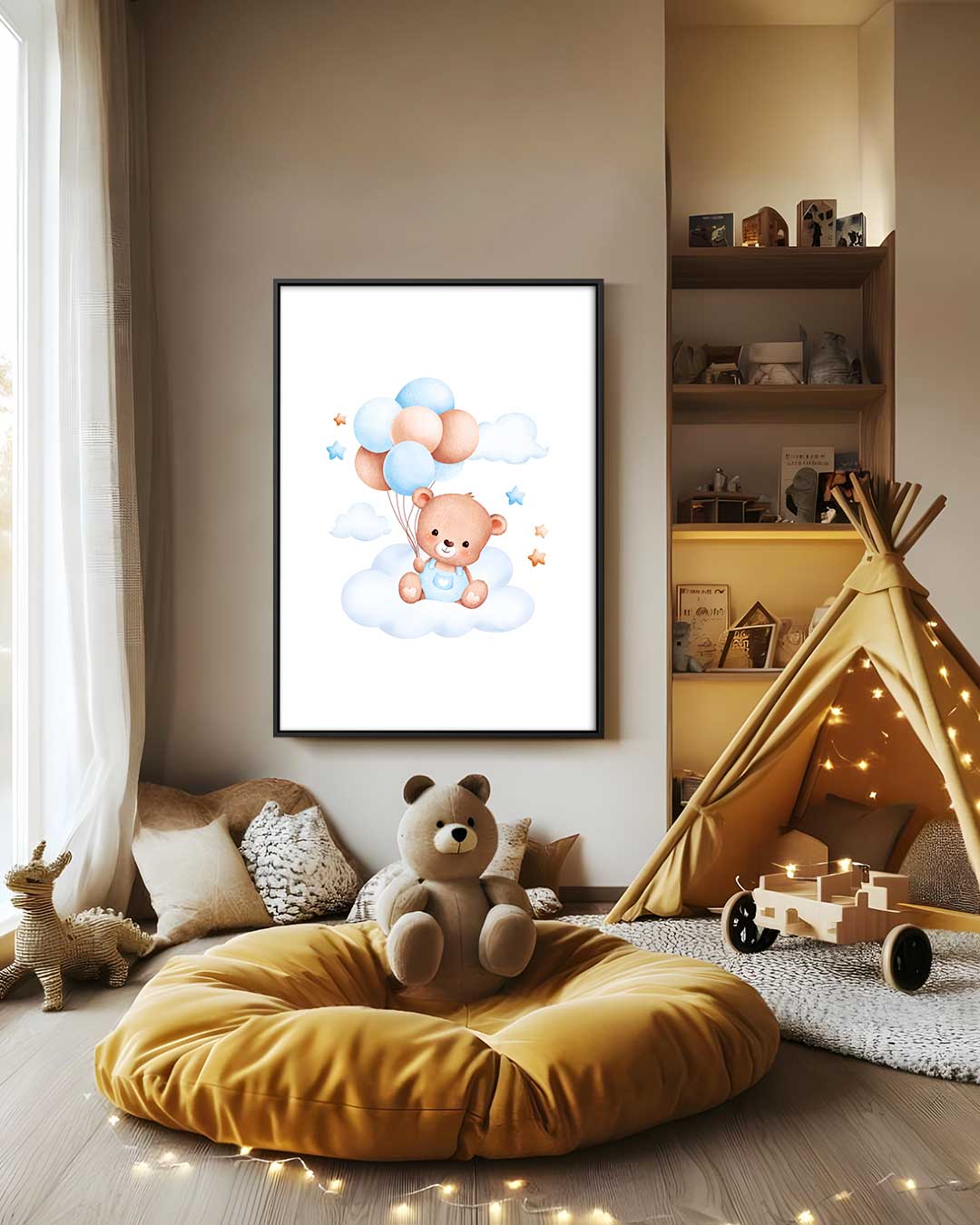 Dromerige Teddybeer op Wolk Kunstwerk-canvas-dibond-plexiglas-wanddecoratie-WallArtistic