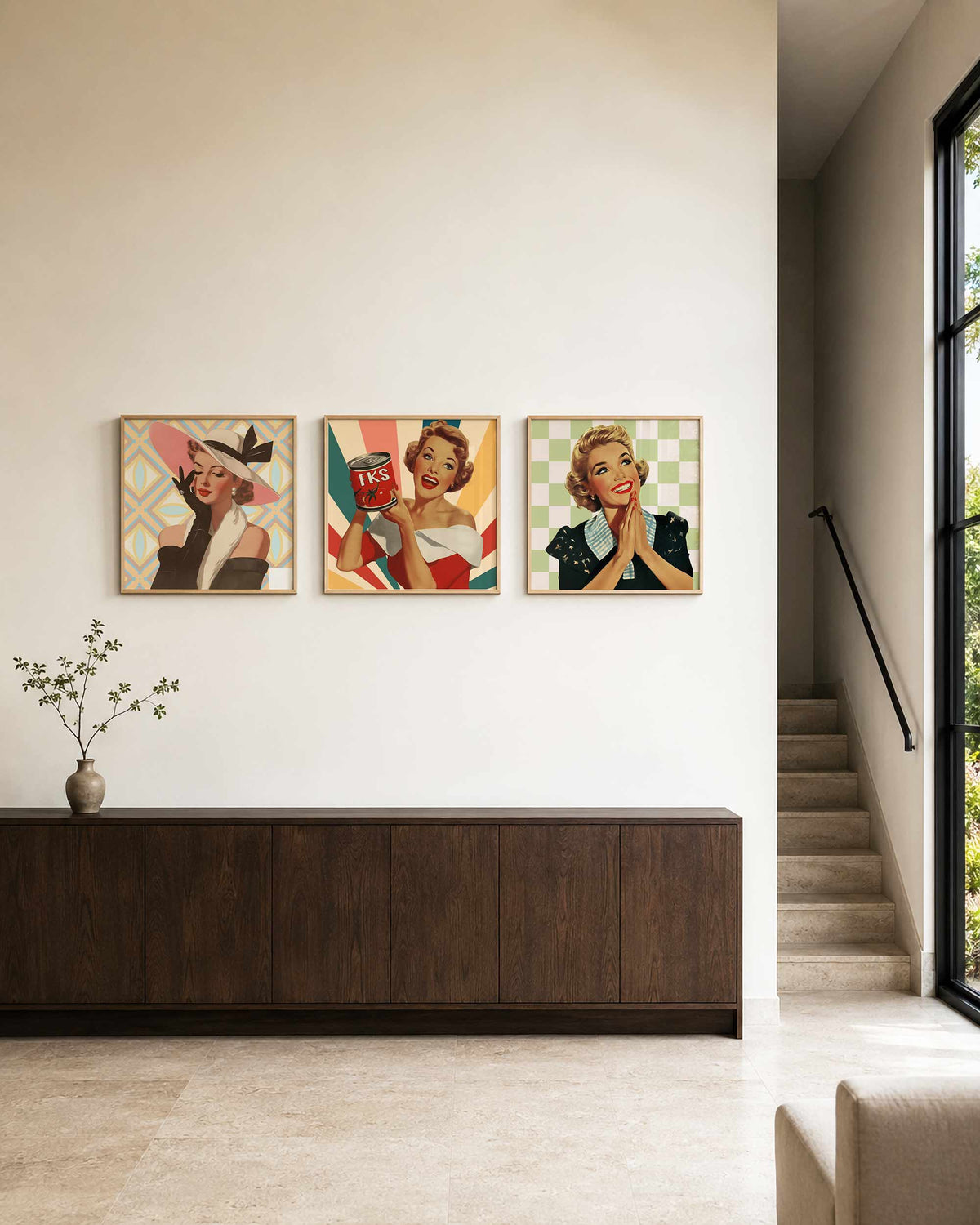 Interieurpresentatie van een driedelige vierkante posterset met retro dames portretten