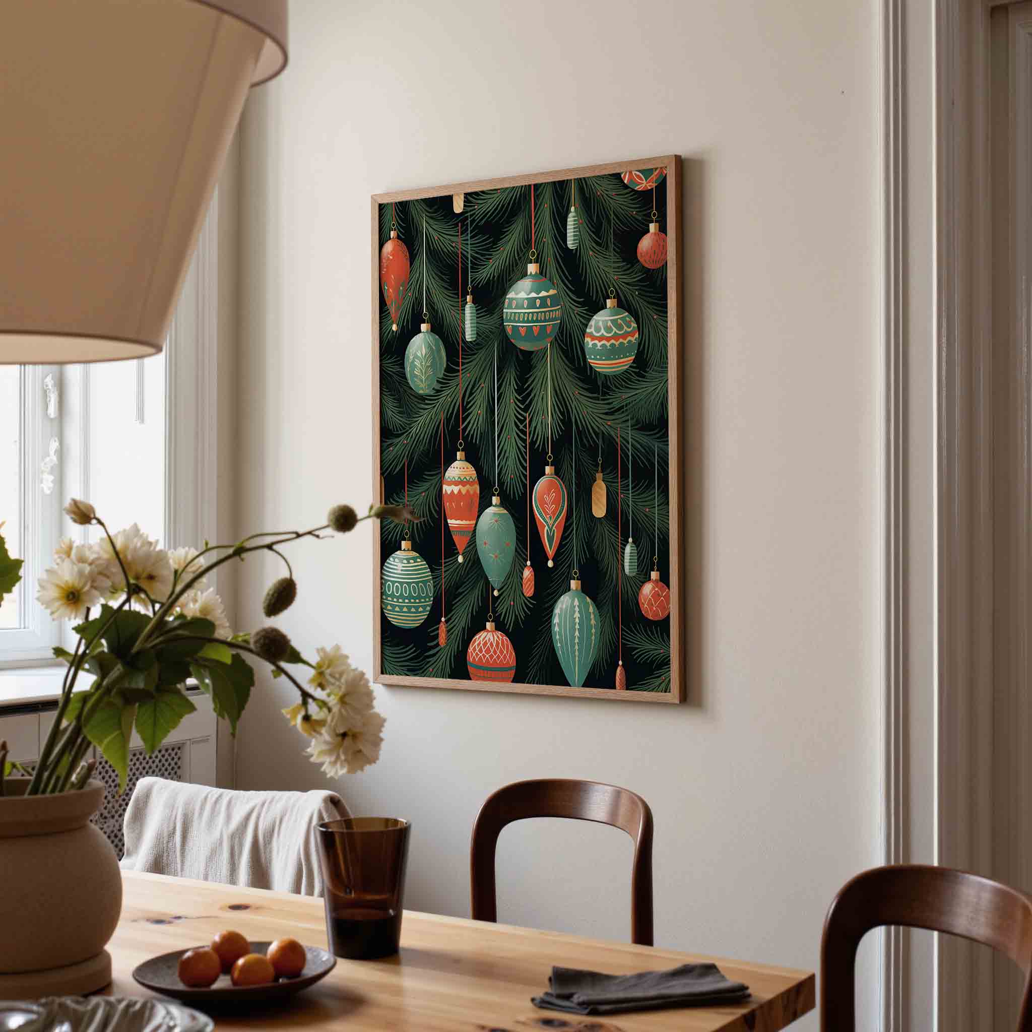Kerstballen en dennentakken Poster
