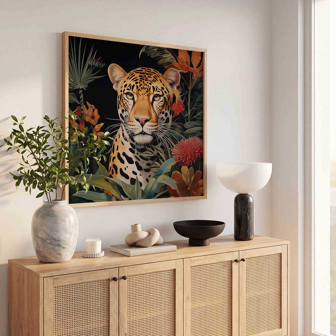 Luipaard tussen bloemen Poster