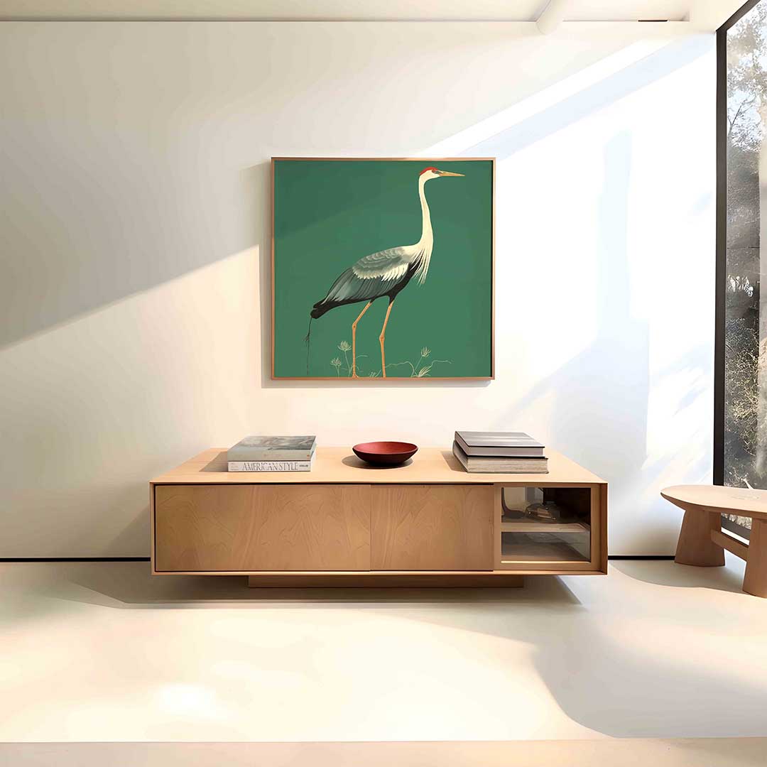 Kraanvogel op groene achtergrond Poster
