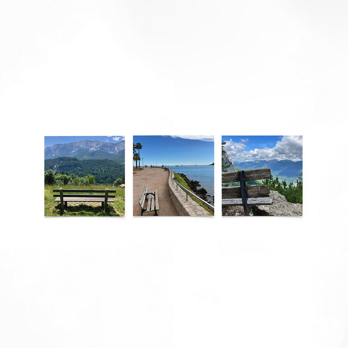 Productfoto van drie vierkante posters met bankjes met uitzicht – Gerald Emming