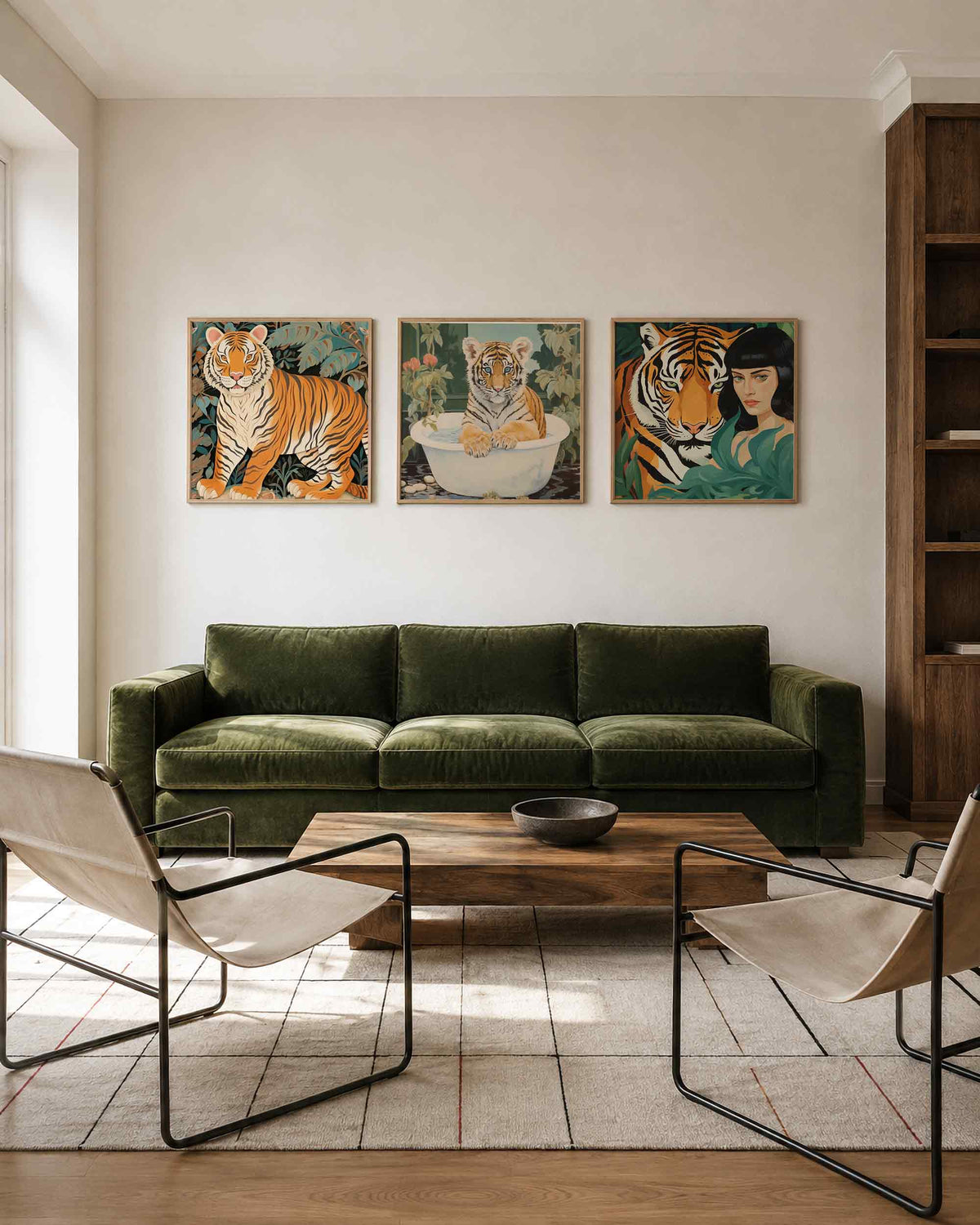 Interieurpresentatie van een driedelige vierkante posterset met tijgers in het groen