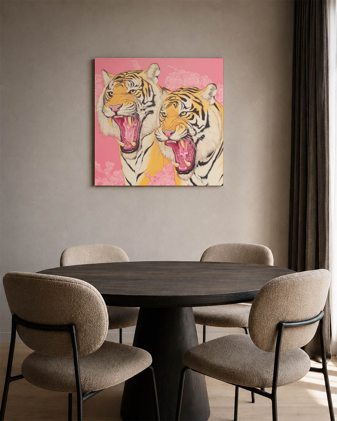 Tijgers op roze achtergrond Kunstwerk