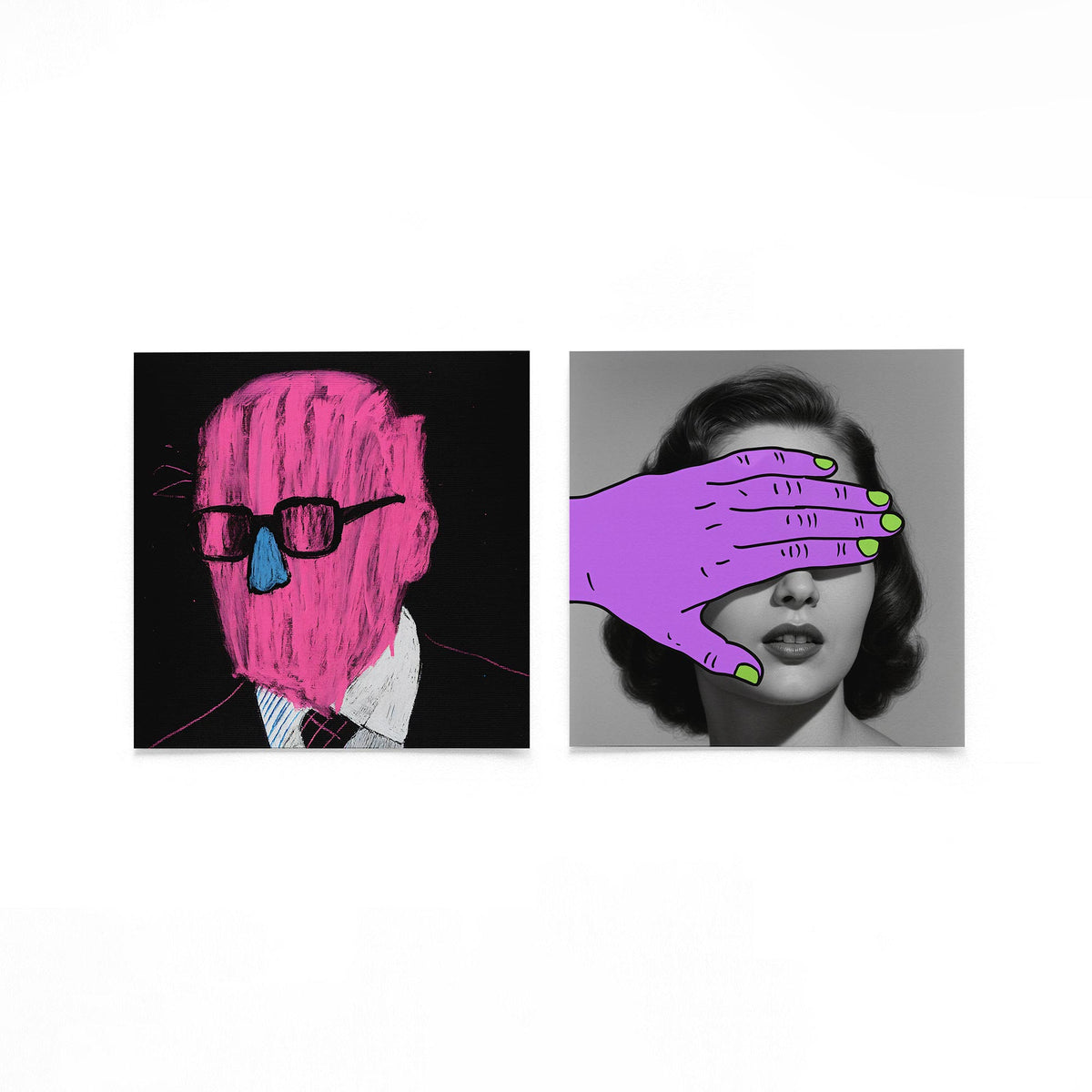 Twee vierkante posters met portretten met opvallende handen op een gebroken witte achtergrond