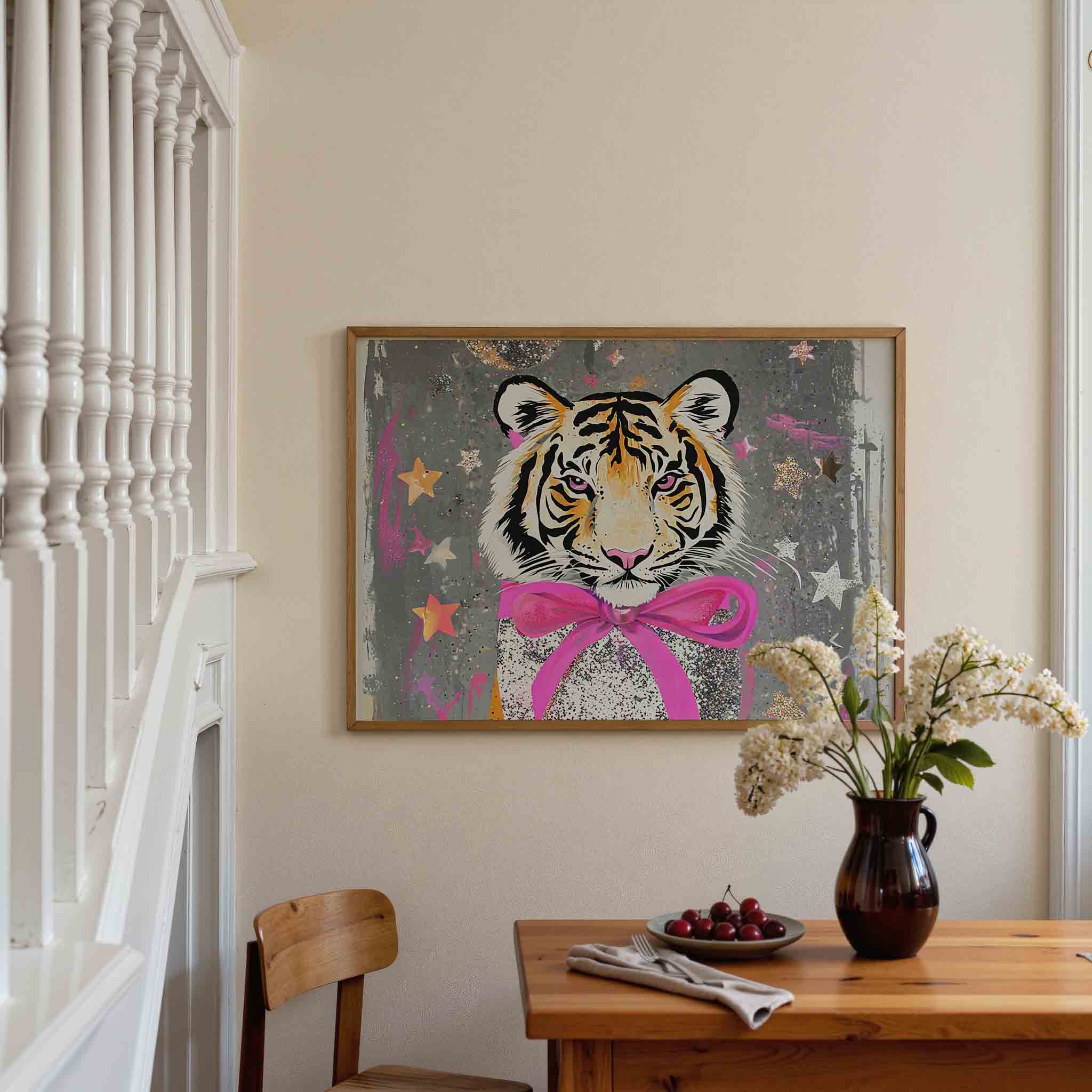 Tijger met roze strik Poster
