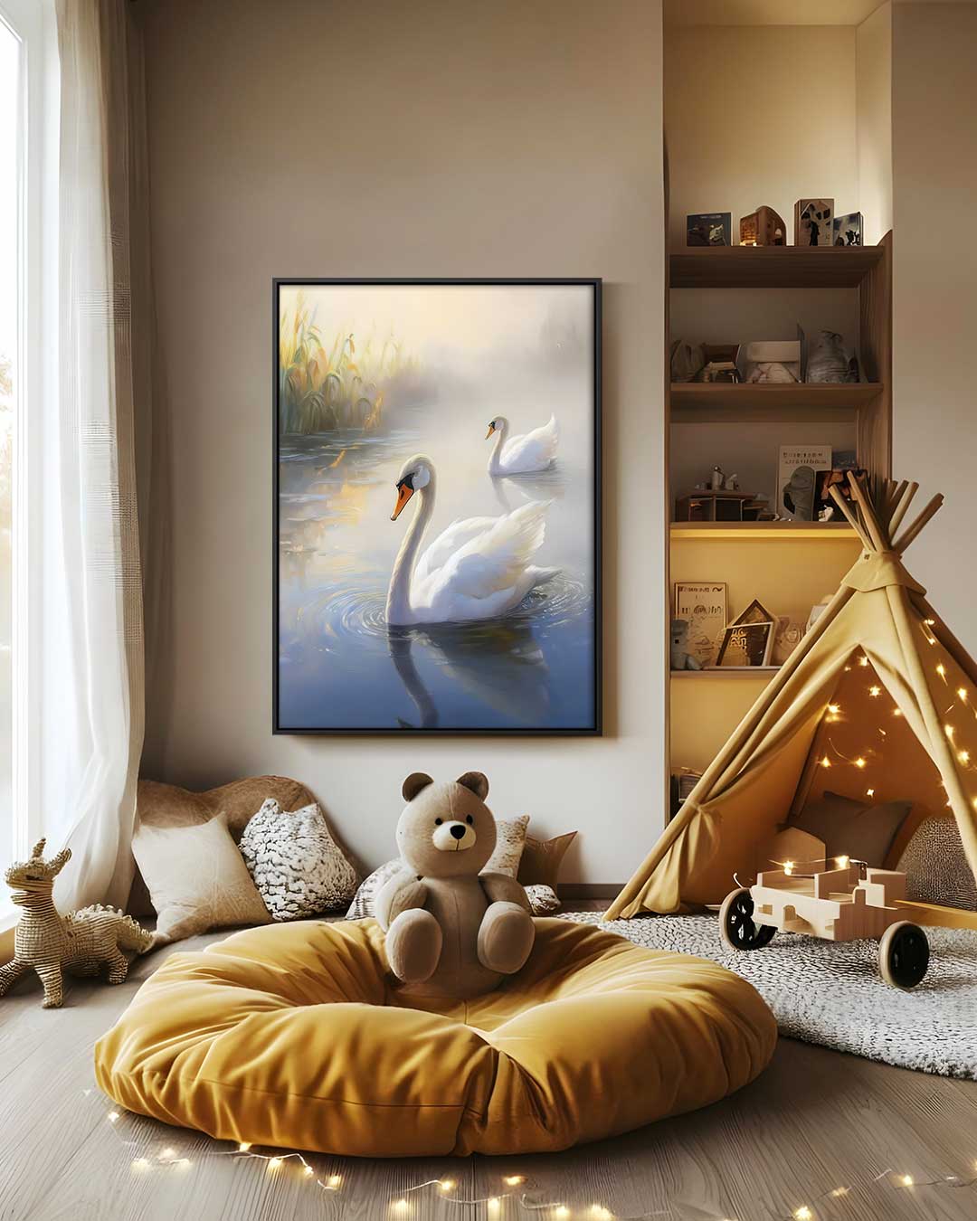 Elegante Zwanen in de Ochtendnevel Kunstwerk-canvas-dibond-plexiglas-wanddecoratie-WallArtistic