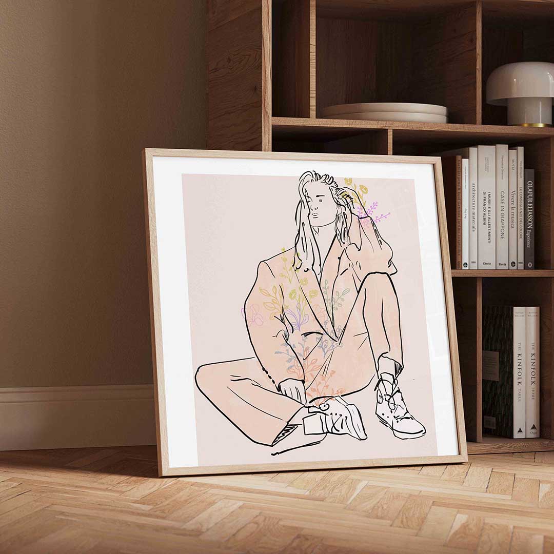 Zittende figuur met bloemen Poster