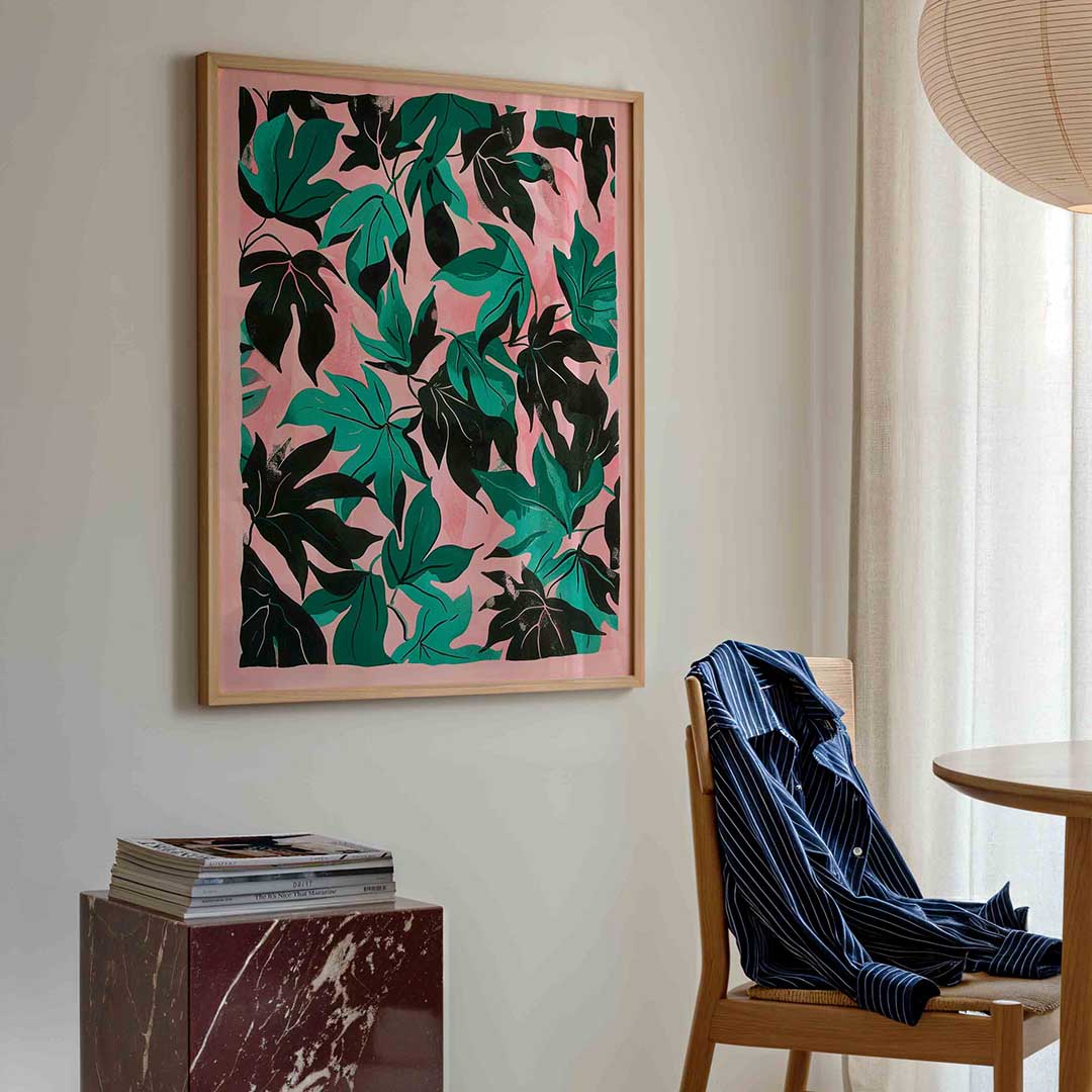 Bladeren op roze achtergrond Poster