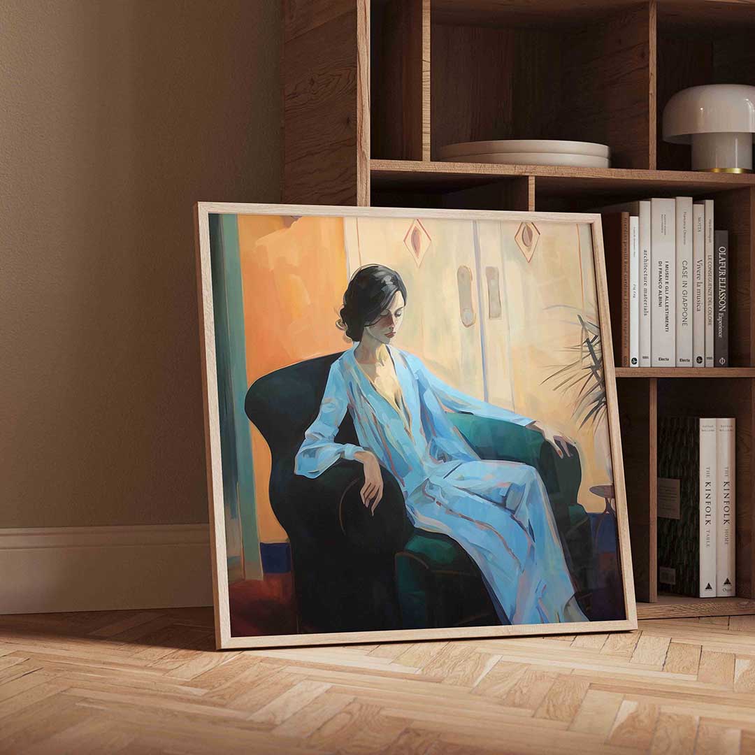 Vrouw in blauwe jurk Poster