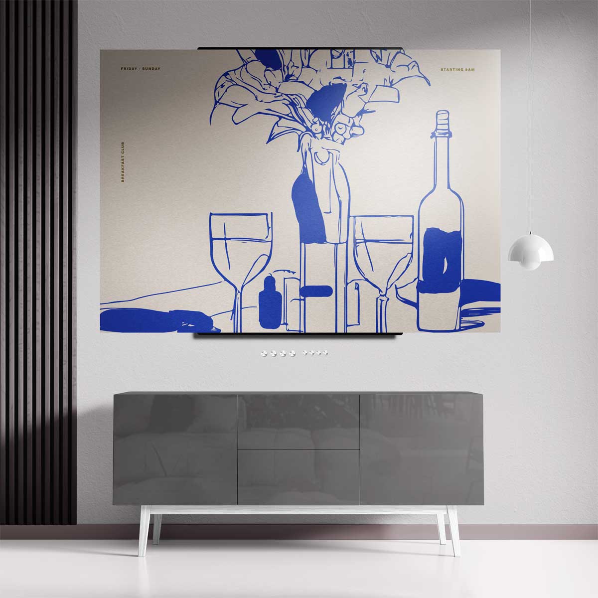 Moderne Tafelsetting in Blauwe Lijntekening Kunstwerk-canvas-dibond-plexiglas-wanddecoratie-WallArtistic
