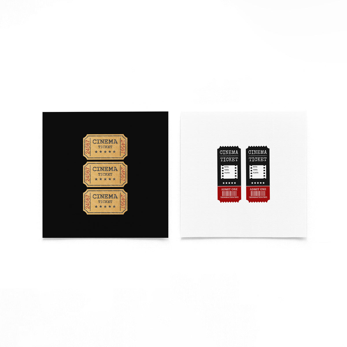 Twee vierkante posters met bioscoopkaartjes op een gebroken witte achtergrond