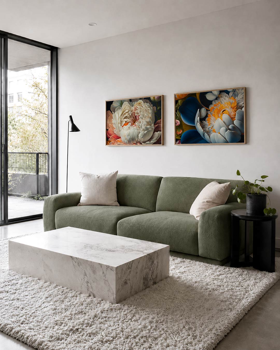 Tweedelige posterset met een weelderige bloem, getoond in een interieur