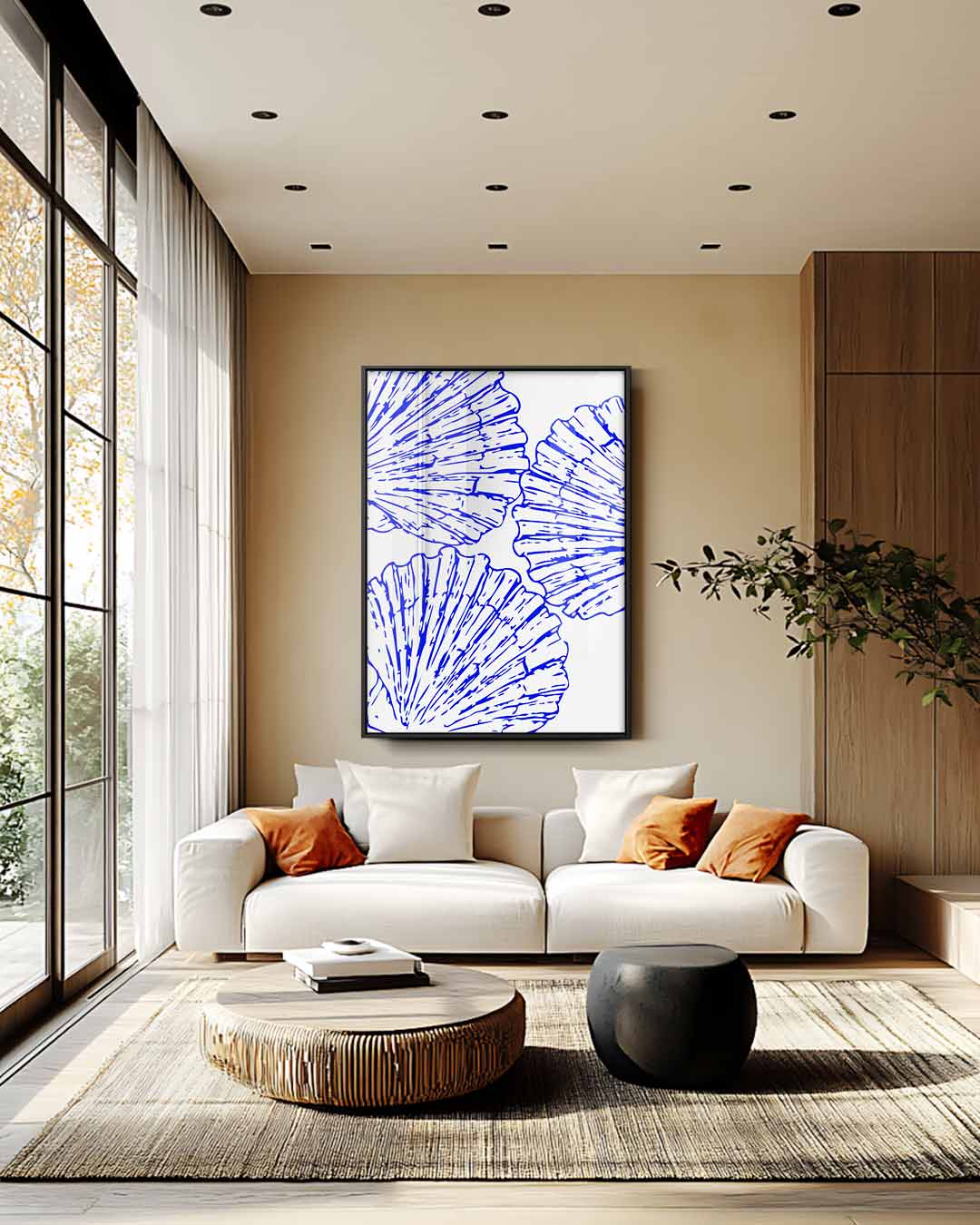 Blauwe schelpenpatroon Kunstwerk-canvas-dibond-plexiglas-wanddecoratie-WallArtistic