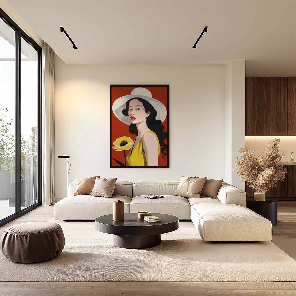 Vrouw en Bloem in Zomerhoed Kunstwerk-canvas-dibond-plexiglas-wanddecoratie-WallArtistic