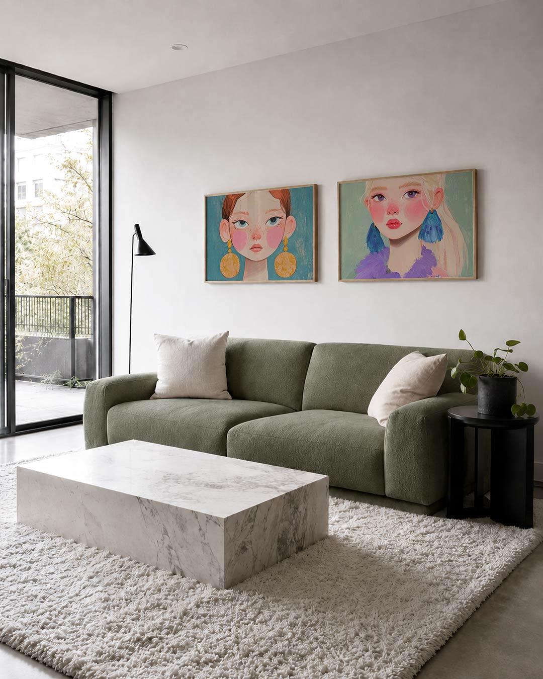 Interieurpresentatie van twee posters met donkere tinten en een rustige visuele opbouw